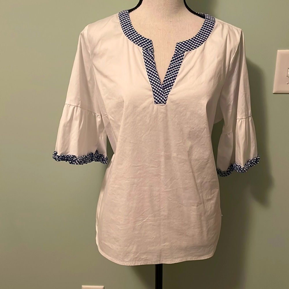 Talbots White Top with Blue Gingham Detail sz XP
